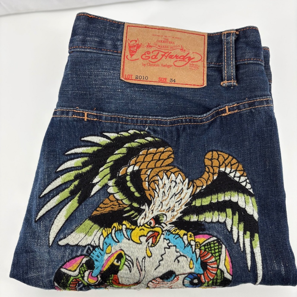 Ed Hardy Christian Audigier Mens Embroidered Eagle Skull Jeans 34x32 Dark Wash